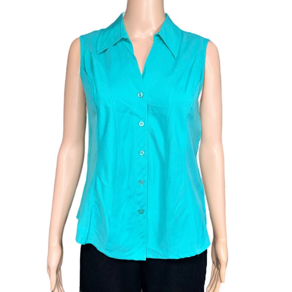 Dressbarn Womens Blouse Button Down Top Collared Sleeveless Teal Medium